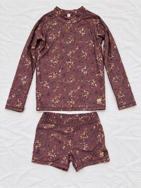 WHEAT KIDS Floral Rash Guard Set - Plum Long Sleeve Top & Shorts